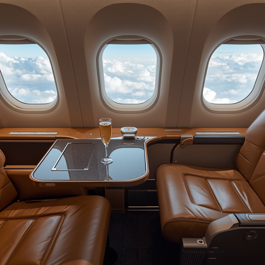 Interior of a first-class airplane cabin with leather seats, champagne glass on a table, view of clouds through the window, modern and elegant style